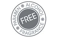 Free from fragrance, paraben and alcohol logo.